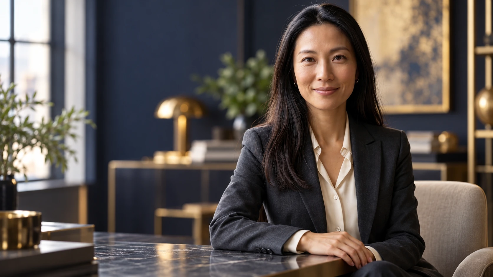 Portrait éditorial de Hina Sawamoto dans un studio bleu nuit