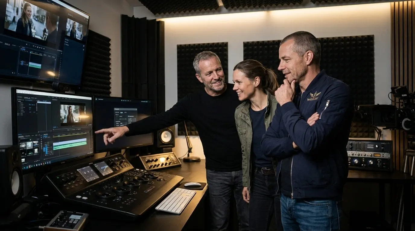 Marcus échange sur un montage audiovisuel avec des collaborateurs