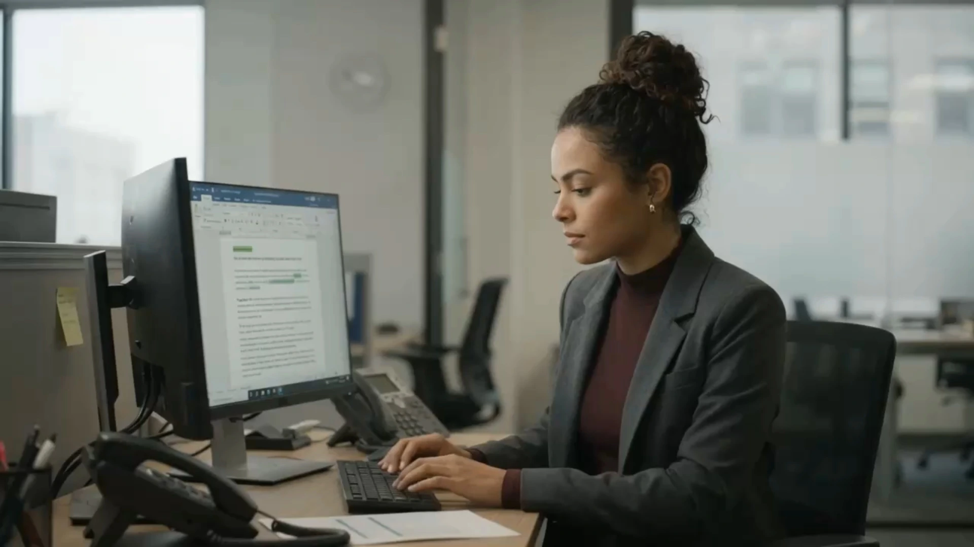 Maya préparant des communications devant son ordinateur dans une mise en scène illustrative