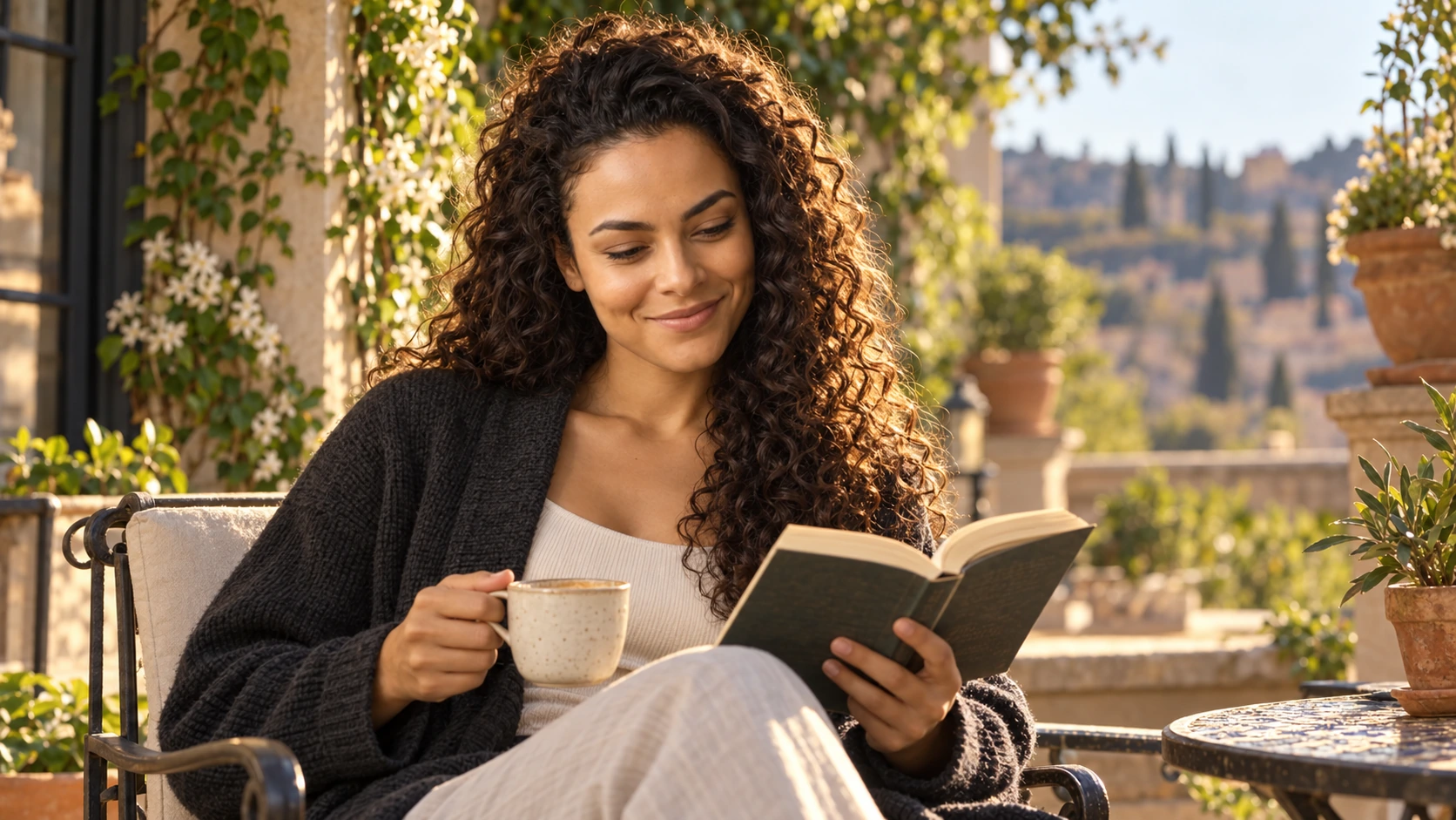 Maya lit dans un jardin méditerranéen, scène fictionnelle