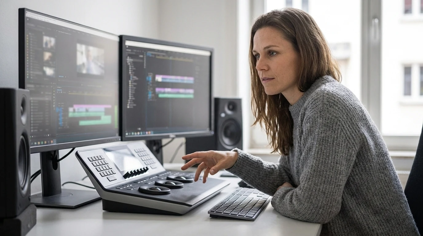 Sofia étudie un montage audiovisuel sur une station de travail
