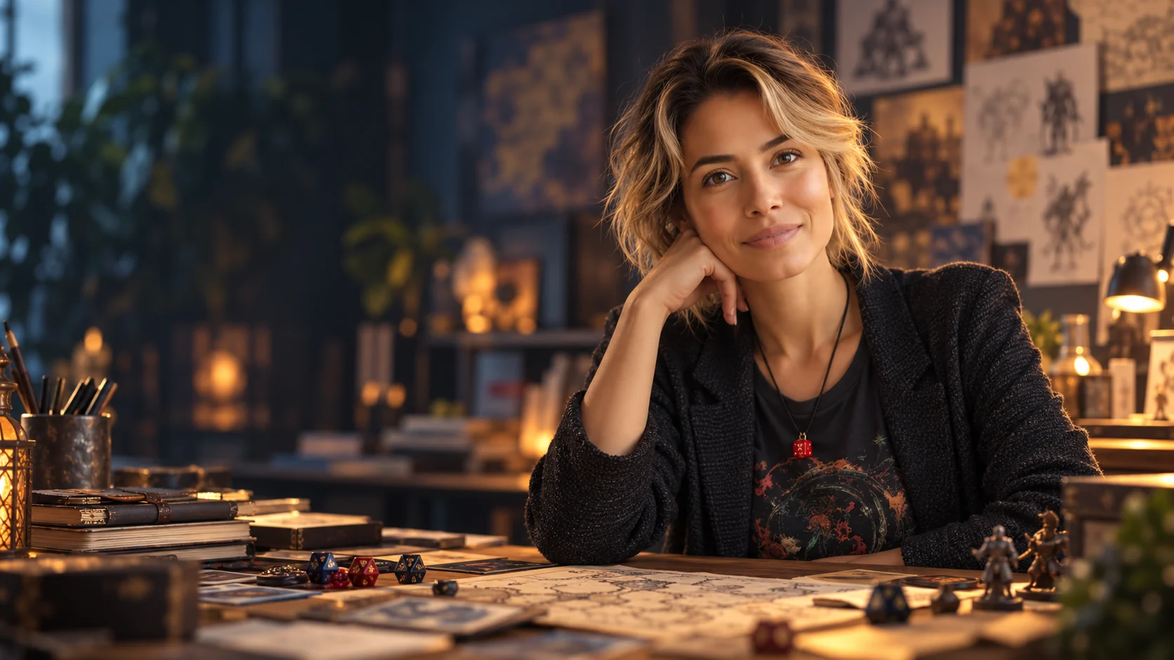 Zéa dans son atelier de game design, entourée de cartes, de dés et de croquis