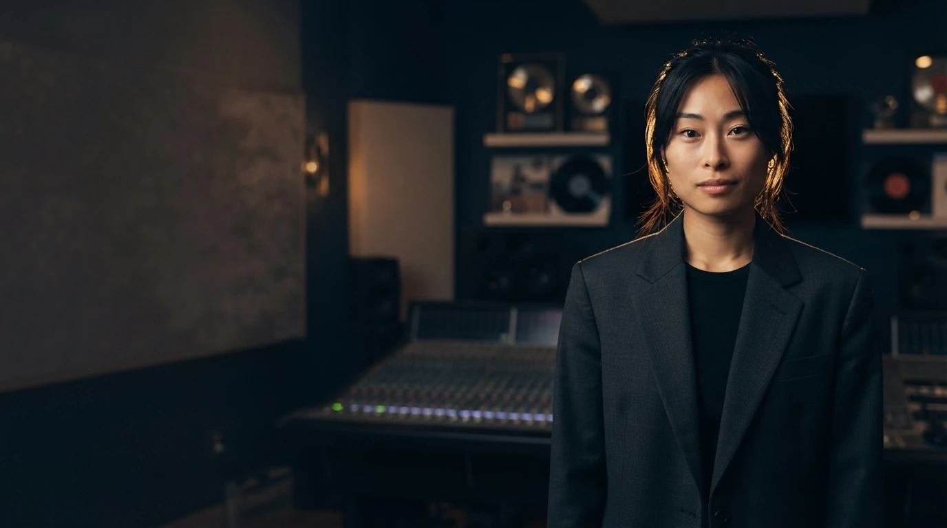 Portrait cinématographique de Zoë Tanaka dans un studio musical contemporain